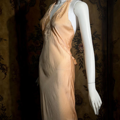 1930s vintage Nightgown slip dress, HAND MADE peach silk bias cut lingerie dress