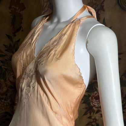 1930s vintage Nightgown slip dress, HAND MADE peach silk bias cut lingerie dress