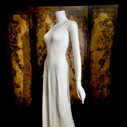 1960s Vintage crochet knit dress, white maxi bodycon evening party dress, stretchy