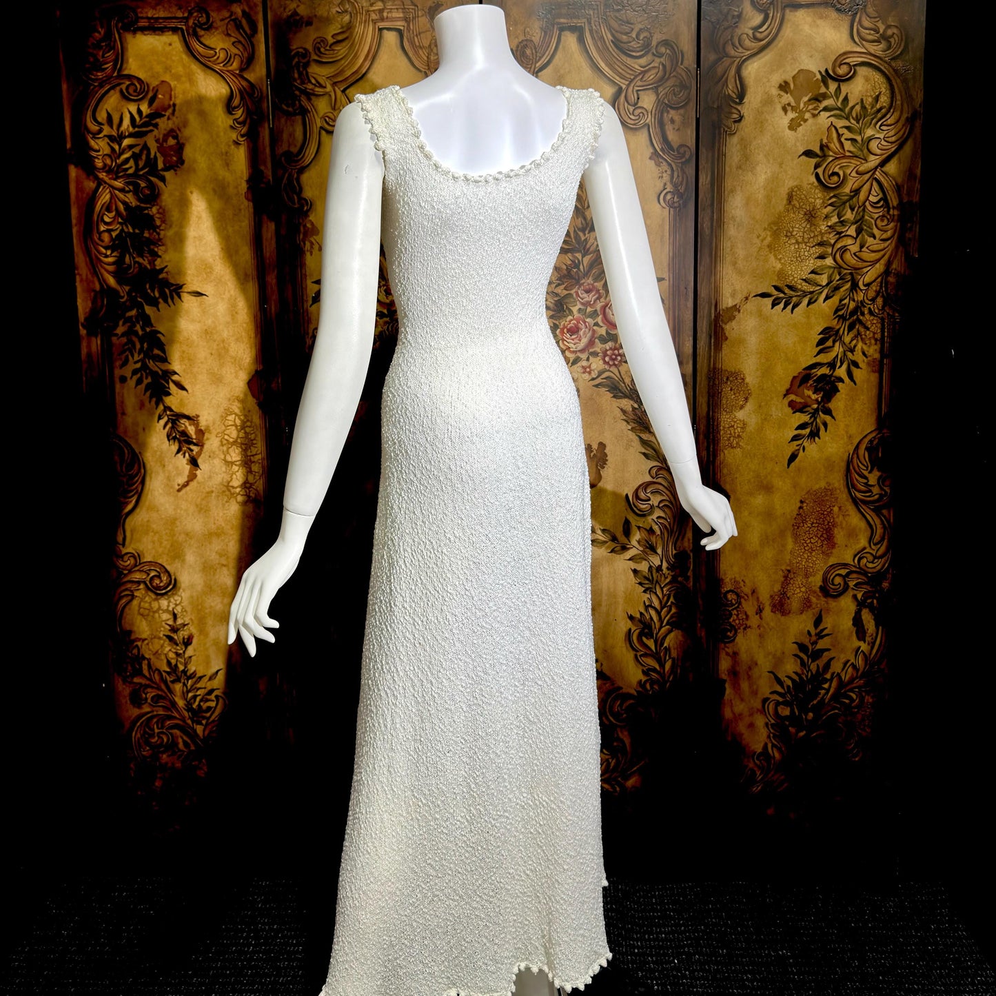 1960s Vintage crochet knit dress, white maxi bodycon evening party dress, stretchy