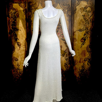 1960s Vintage crochet knit dress, white maxi bodycon evening party dress, stretchy
