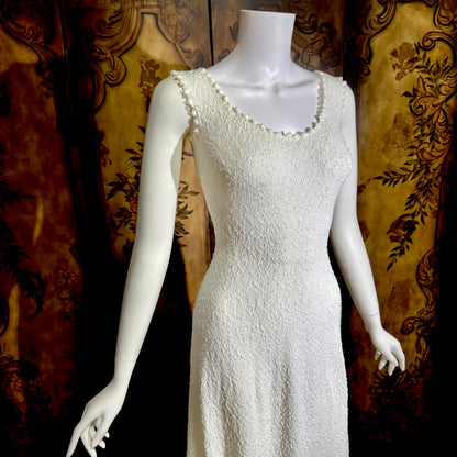 1960s Vintage crochet knit dress, white maxi bodycon evening party dress, stretchy