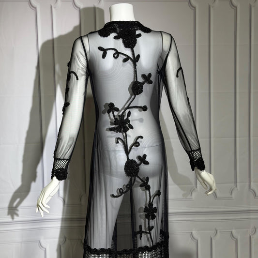 SUE WONG vintage Y2K evening coat duster, NOCTURNE Sheer Black Beaded Mesh & crochet maxi coat