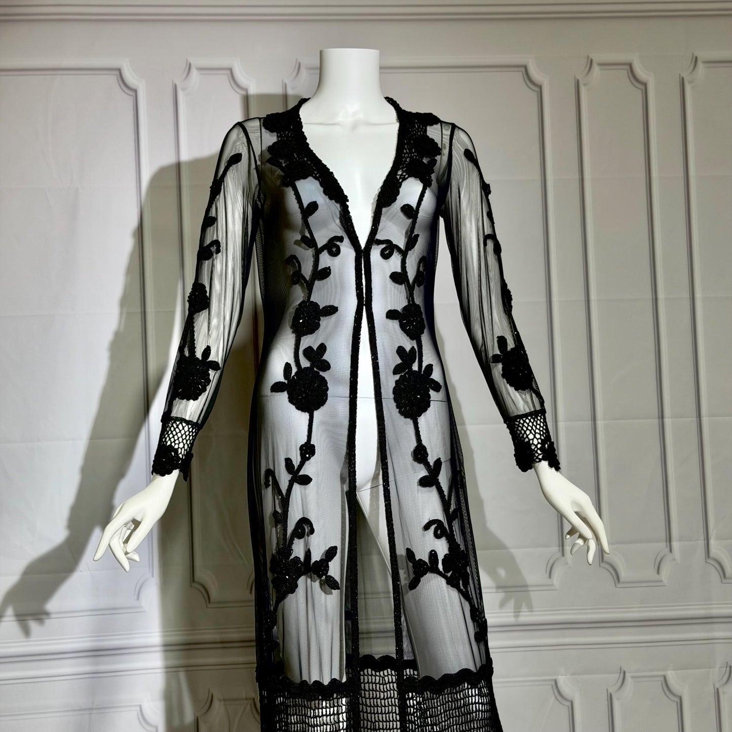 SUE WONG vintage Y2K evening coat duster, NOCTURNE Sheer Black Beaded Mesh & crochet maxi coat