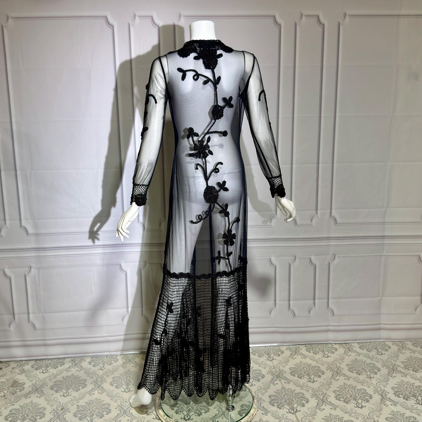 SUE WONG vintage Y2K evening coat duster, NOCTURNE Sheer Black Beaded Mesh & crochet maxi coat
