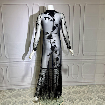 SUE WONG vintage Y2K evening coat duster, NOCTURNE Sheer Black Beaded Mesh & crochet maxi coat