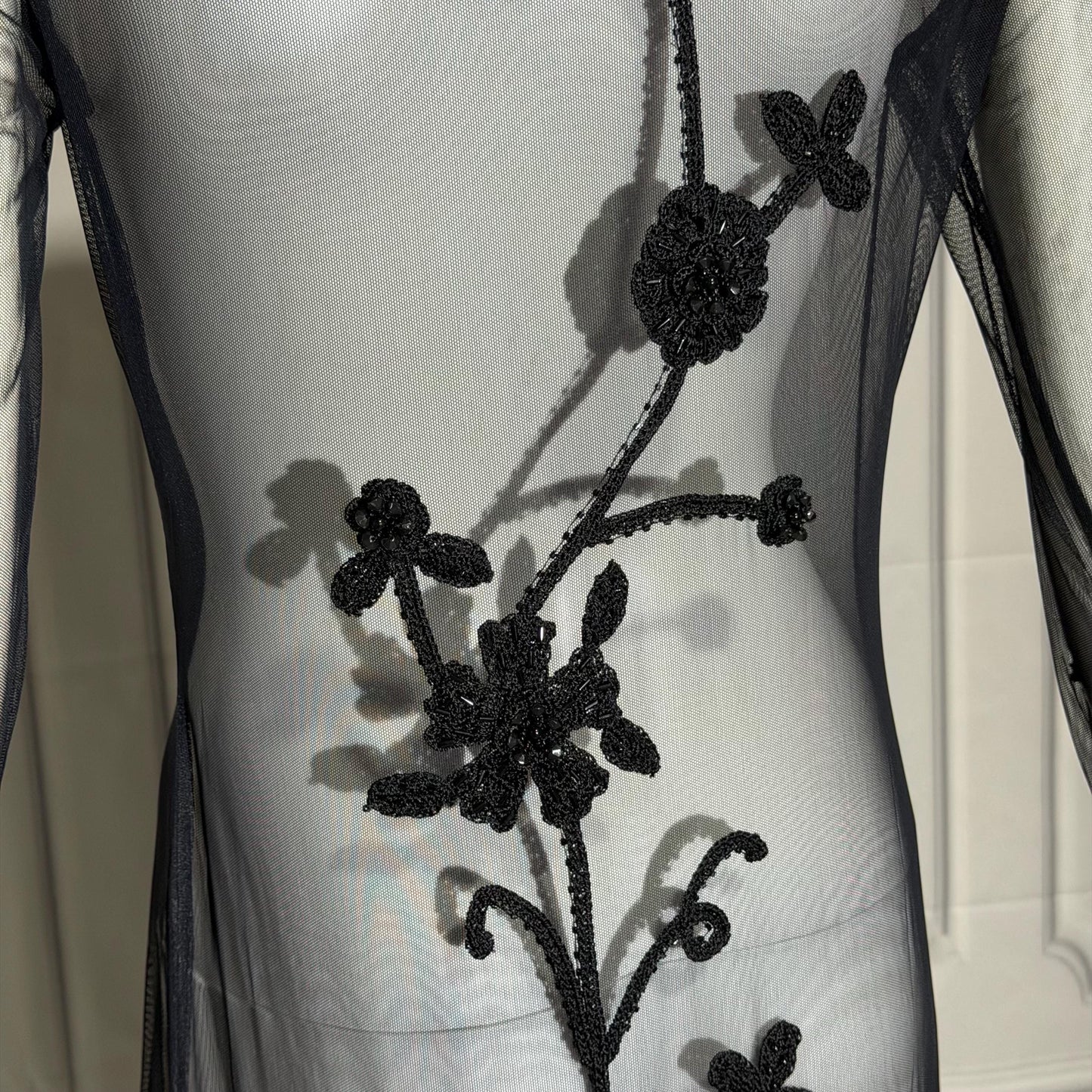 SUE WONG vintage Y2K evening coat duster, NOCTURNE Sheer Black Beaded Mesh & crochet maxi coat