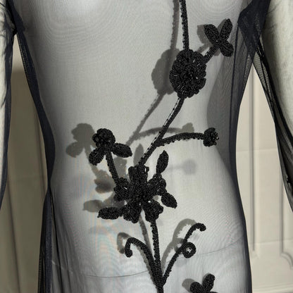 SUE WONG vintage Y2K evening coat duster, NOCTURNE Sheer Black Beaded Mesh & crochet maxi coat