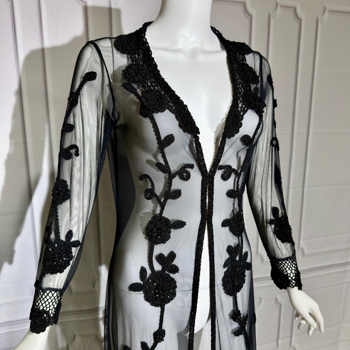 SUE WONG vintage Y2K evening coat duster, NOCTURNE Sheer Black Beaded Mesh & crochet maxi coat