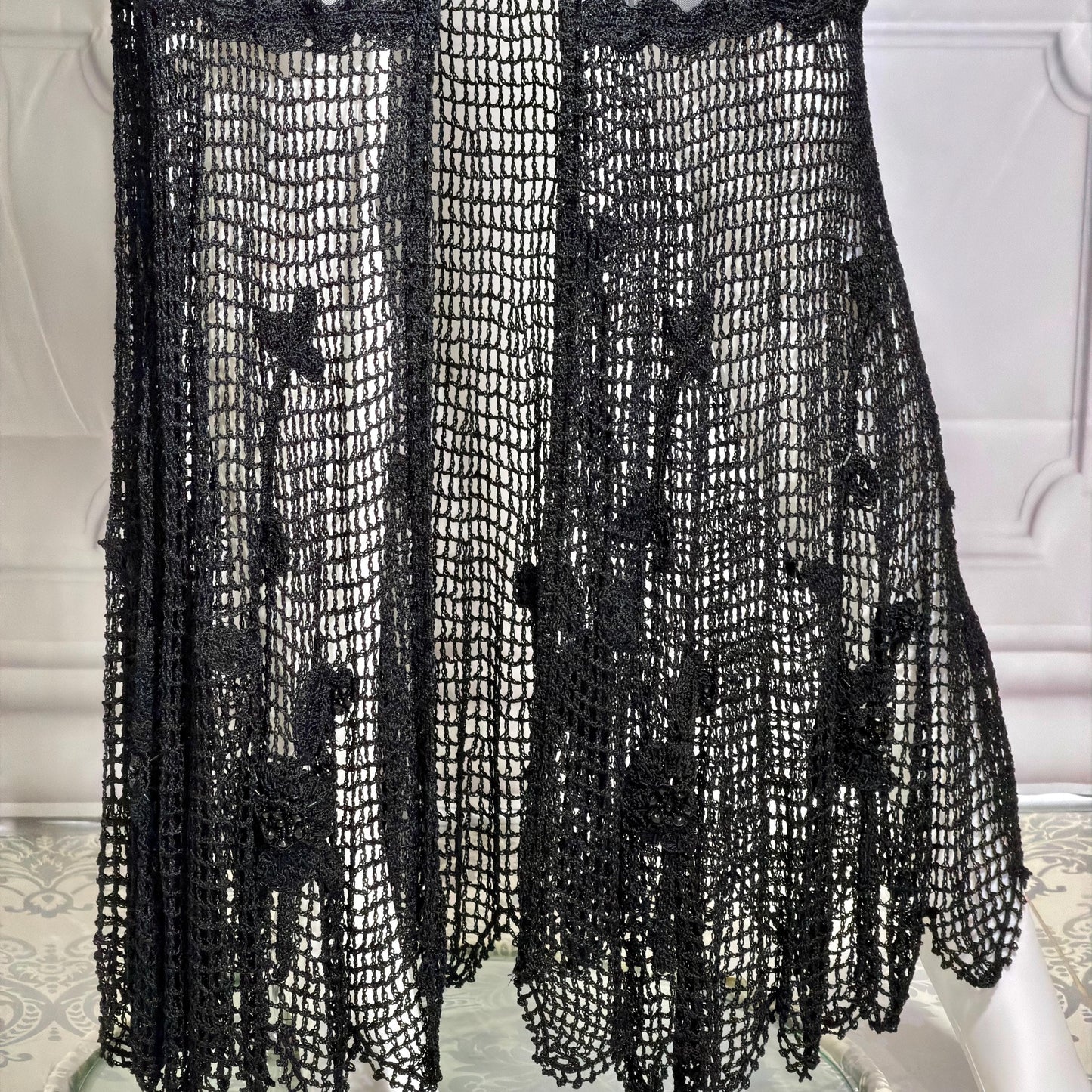 SUE WONG vintage Y2K evening coat duster, NOCTURNE Sheer Black Beaded Mesh & crochet maxi coat