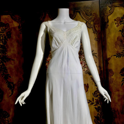 LAROS vintage 1940s nightgown slip dress, white bias cut rayon lingerie dress