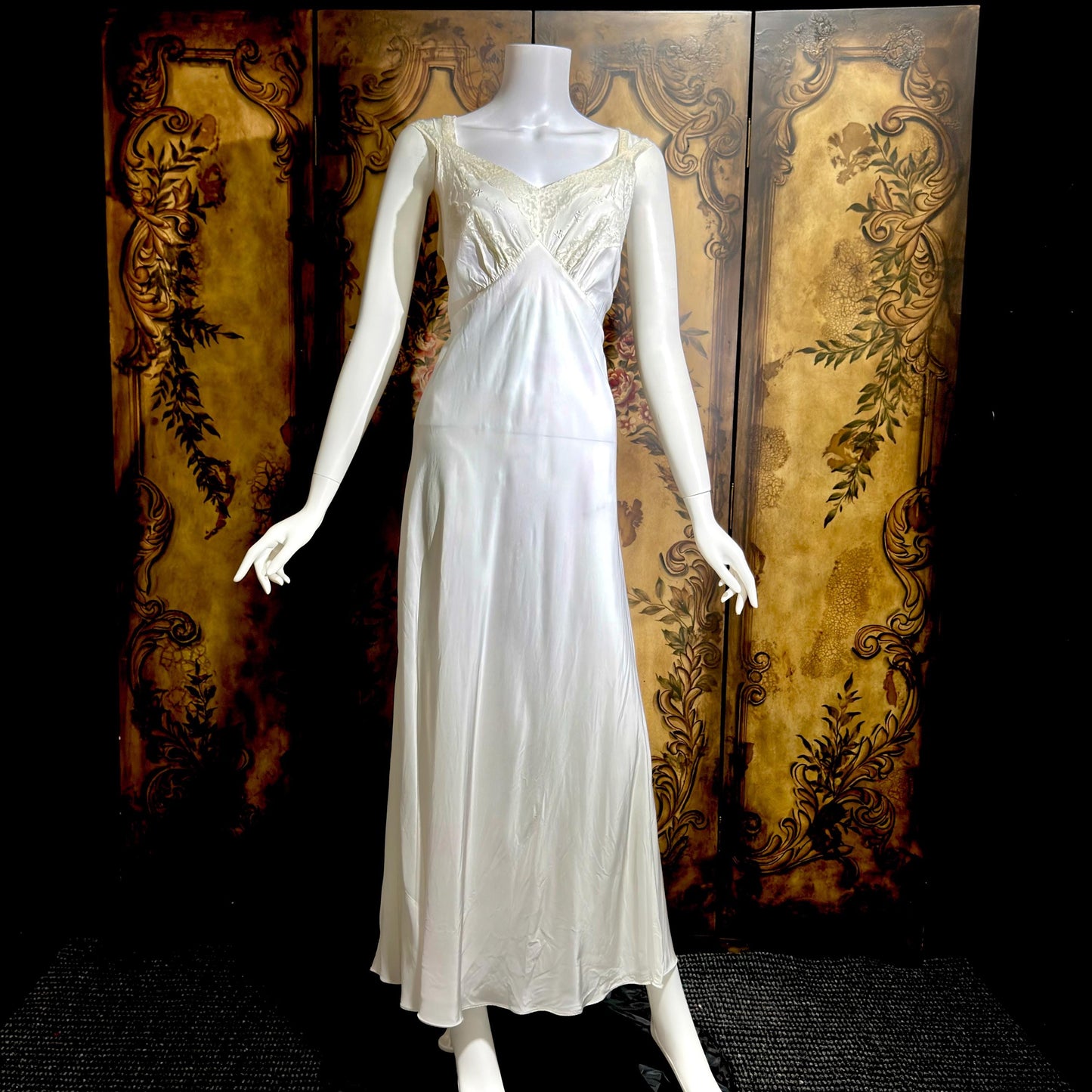 LAROS vintage 1940s nightgown slip dress, white bias cut rayon lingerie dress