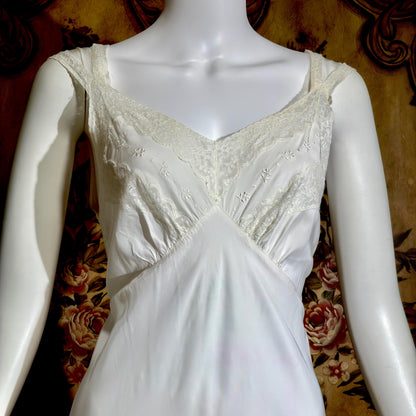 LAROS vintage 1940s nightgown slip dress, white bias cut rayon lingerie dress