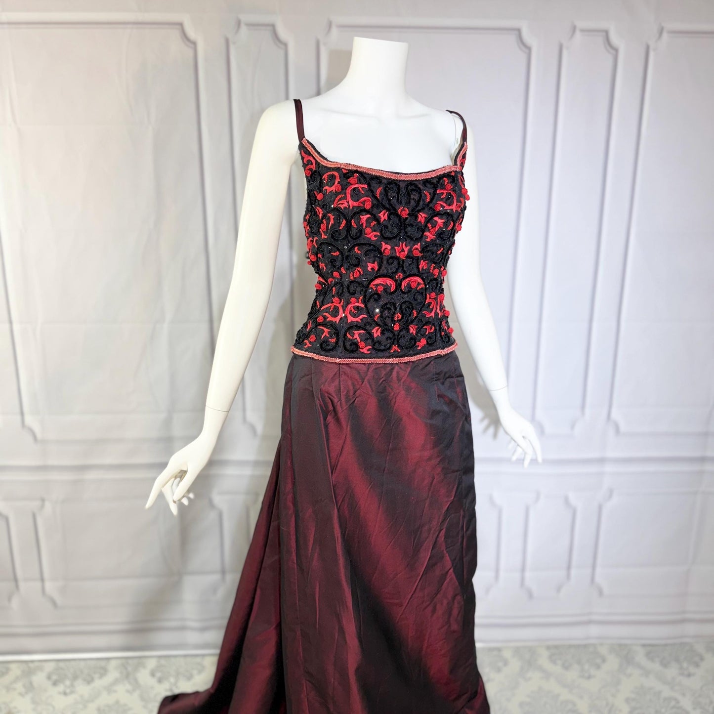 HAROLD CLARK Vintage evening dress gown, 1980s Black Red Ball gown