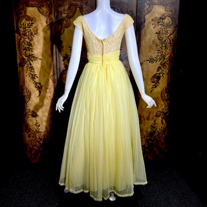 1960s Vintage evening dress gown, yellow lemon chiffon beaded prom ball gown