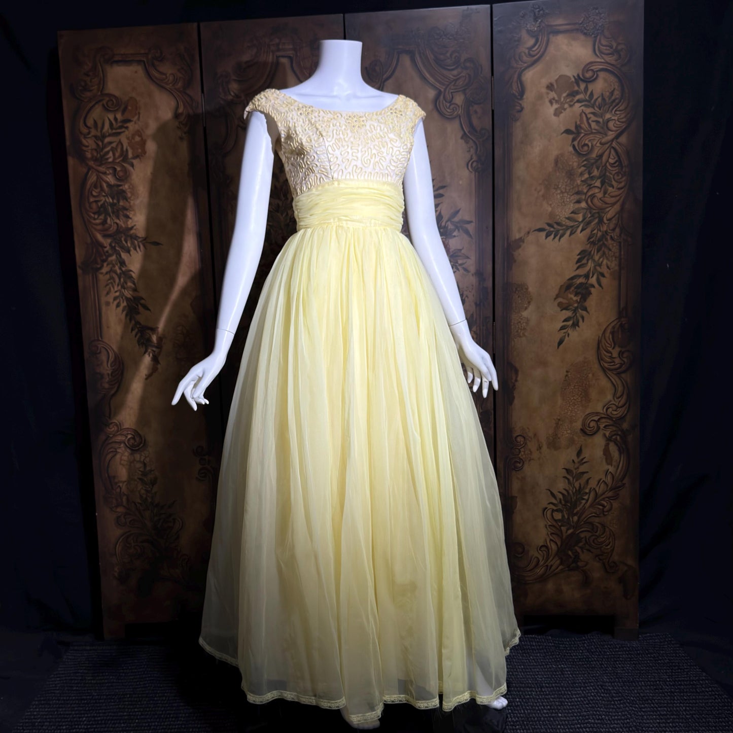 1960s Vintage evening dress gown, yellow lemon chiffon beaded prom ball gown