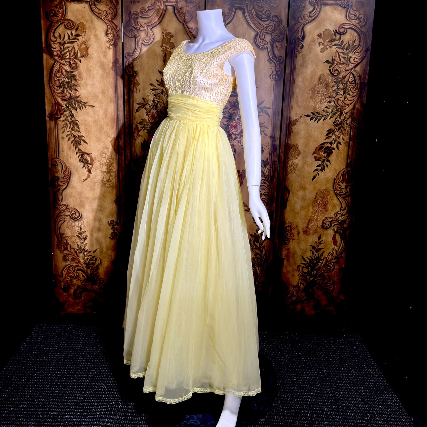 1960s Vintage evening dress gown, yellow lemon chiffon beaded prom ball gown