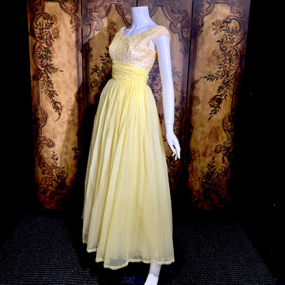 1960s Vintage evening dress gown, yellow lemon chiffon beaded prom ball gown
