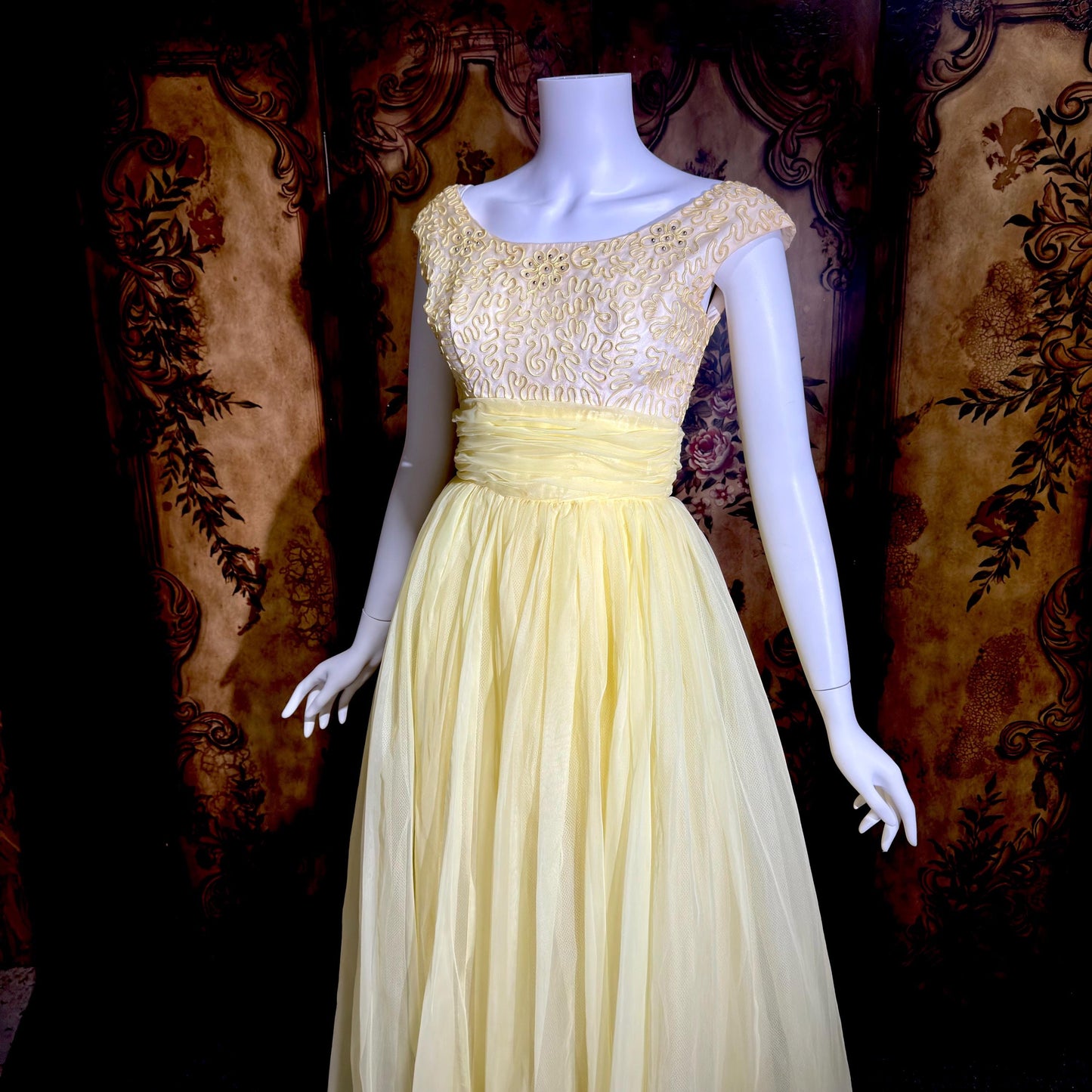 1960s Vintage evening dress gown, yellow lemon chiffon beaded prom ball gown