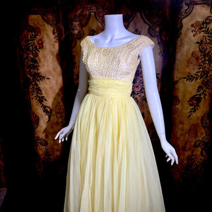 1960s Vintage evening dress gown, yellow lemon chiffon beaded prom ball gown
