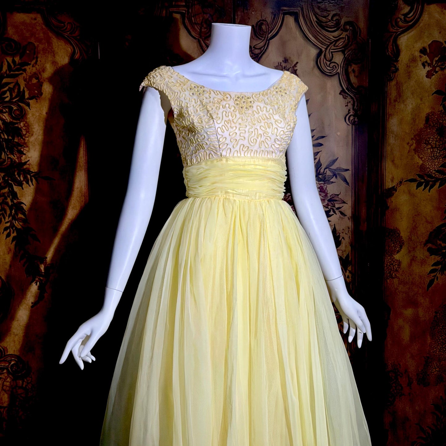 1960s Vintage evening dress gown, yellow lemon chiffon beaded prom ball gown
