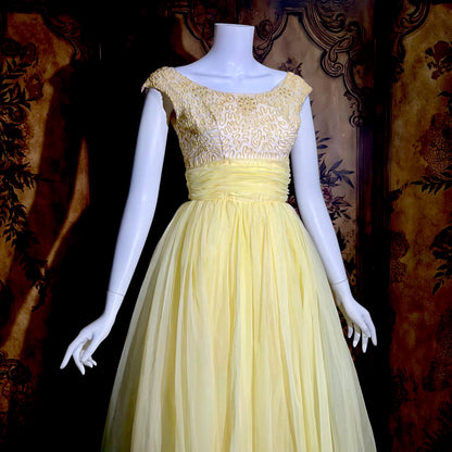 1960s Vintage evening dress gown, yellow lemon chiffon beaded prom ball gown