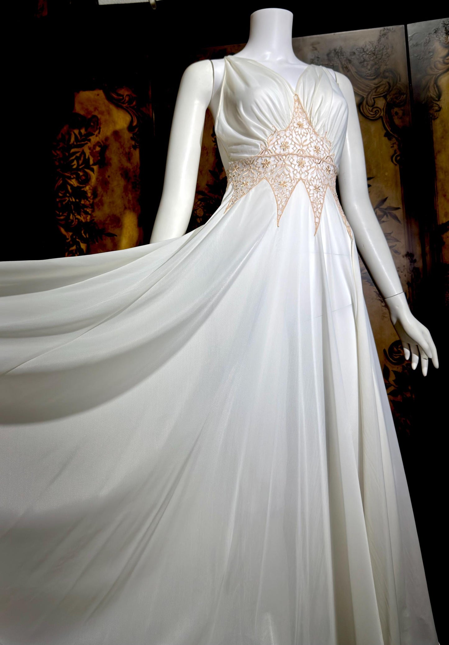 ROGERS vintage 1950s nightgown slip dress, white gold goddess lingerie gown