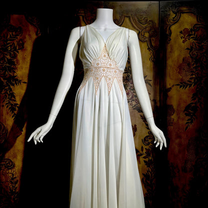 ROGERS vintage 1950s nightgown slip dress, white gold goddess lingerie gown