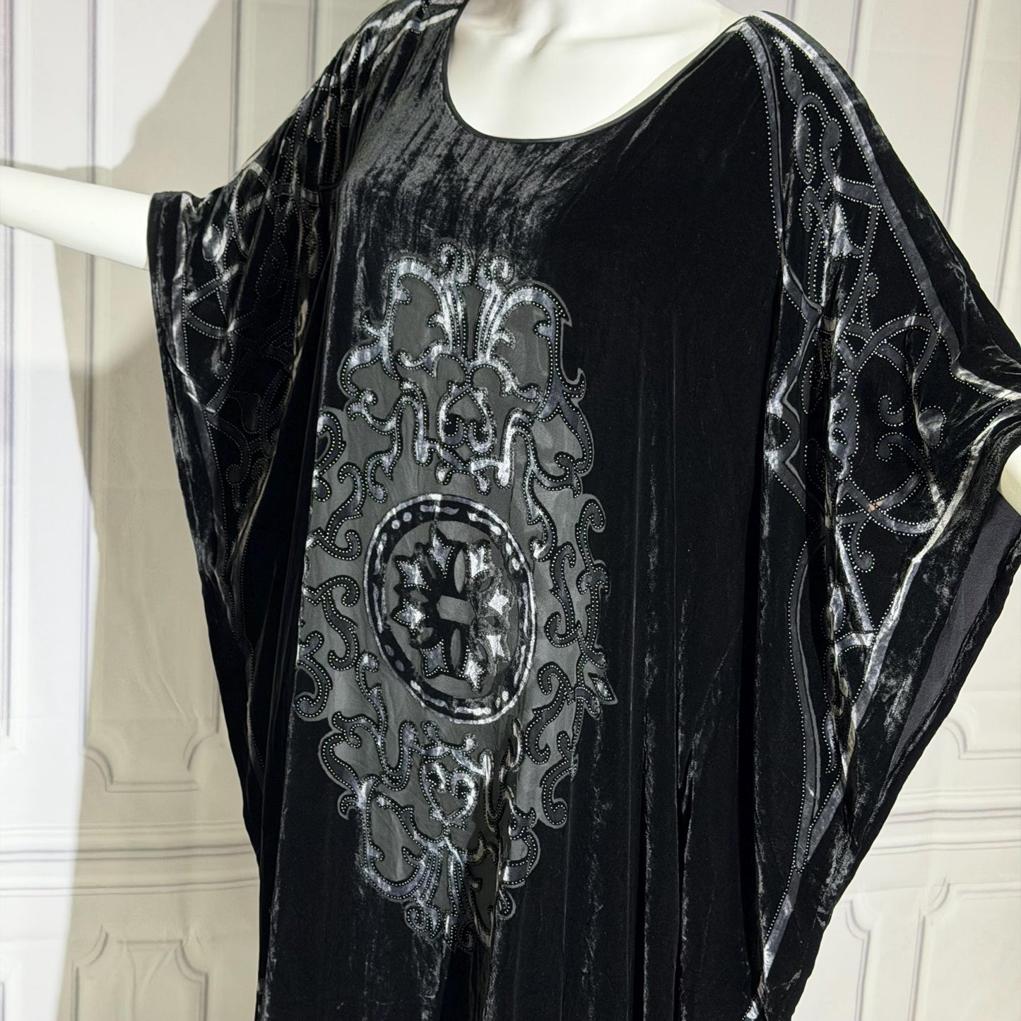 NEIMAN MARCUS vintage evening dress caftan, 1980s black velvet kaftan hostess gown