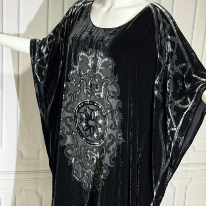 NEIMAN MARCUS vintage evening dress caftan, 1980s black velvet kaftan hostess gown