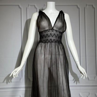 1930s vintage Nightgown slip dress, sheer black micro pleat nylon lingerie dress