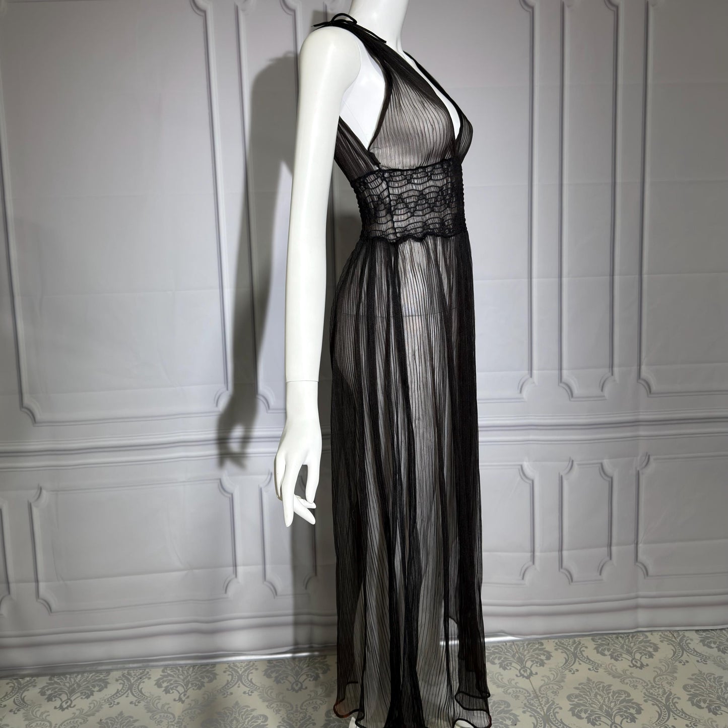 1930s vintage Nightgown slip dress, sheer black micro pleat nylon lingerie dress