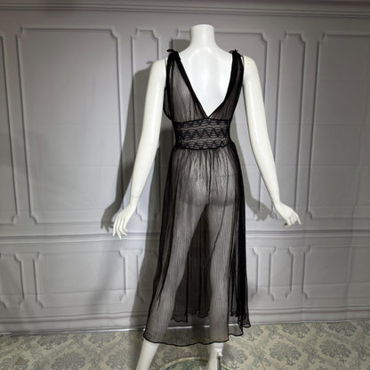 1930s vintage Nightgown slip dress, sheer black micro pleat nylon lingerie dress
