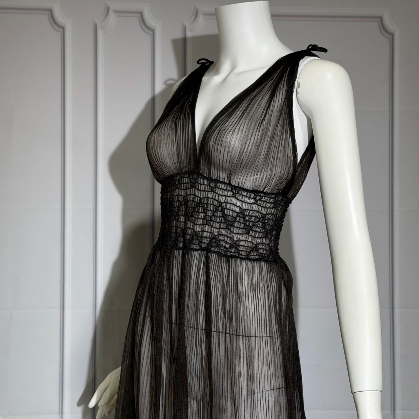 1930s vintage Nightgown slip dress, sheer black micro pleat nylon lingerie dress