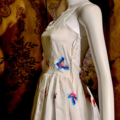 LILLIE RUBIN vintage evening dress gown, 1970s White Silk Embroidered Butterflies gown
