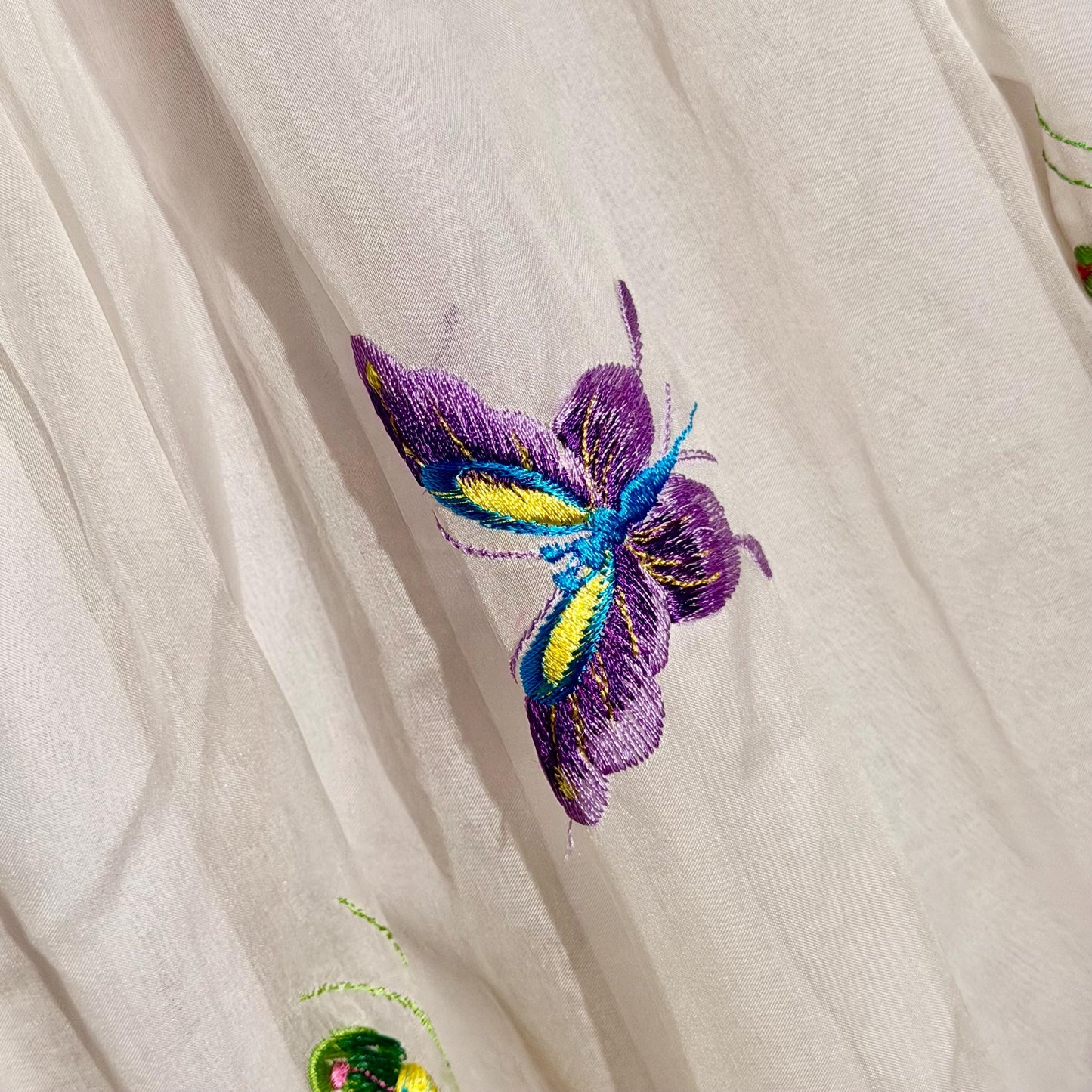 LILLIE RUBIN vintage evening dress gown, 1970s White Silk Embroidered Butterflies gown