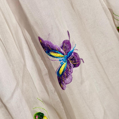 LILLIE RUBIN vintage evening dress gown, 1970s White Silk Embroidered Butterflies gown