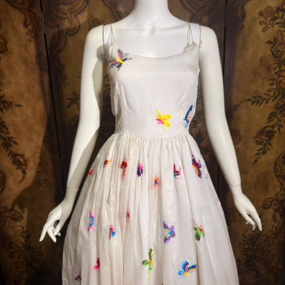 LILLIE RUBIN vintage evening dress gown, 1970s White Silk Embroidered Butterflies gown
