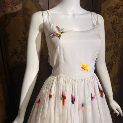 LILLIE RUBIN vintage evening dress gown, 1970s White Silk Embroidered Butterflies gown