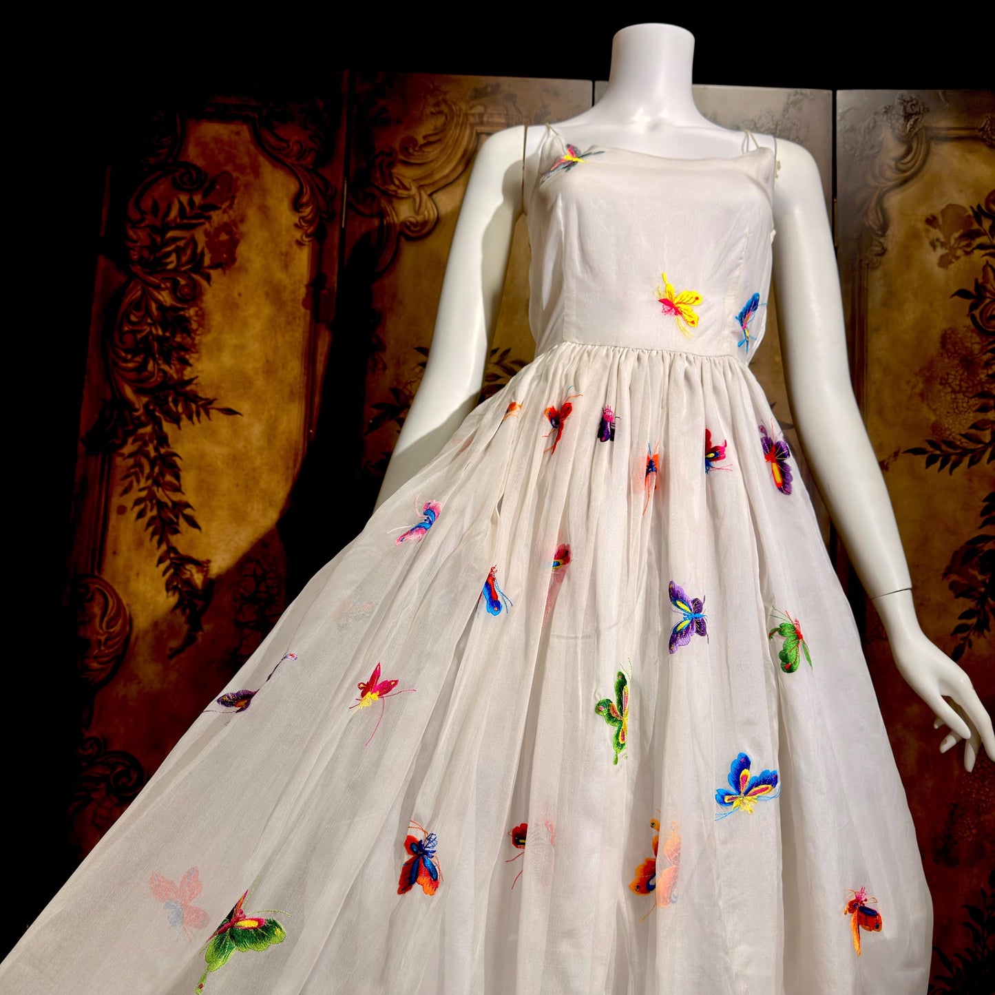 LILLIE RUBIN vintage evening dress gown, 1970s White Silk Embroidered Butterflies gown