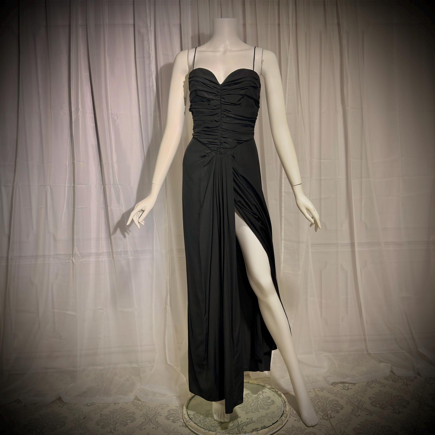 ALBERT CAPRARO vintage 1970s evening dress gown, Black Silk Ruched Gown
