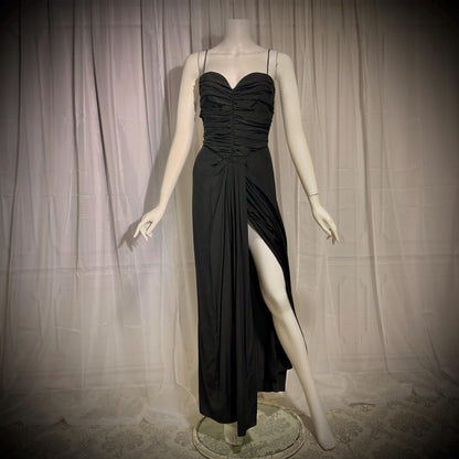 ALBERT CAPRARO vintage 1970s evening dress gown, Black Silk Ruched Gown