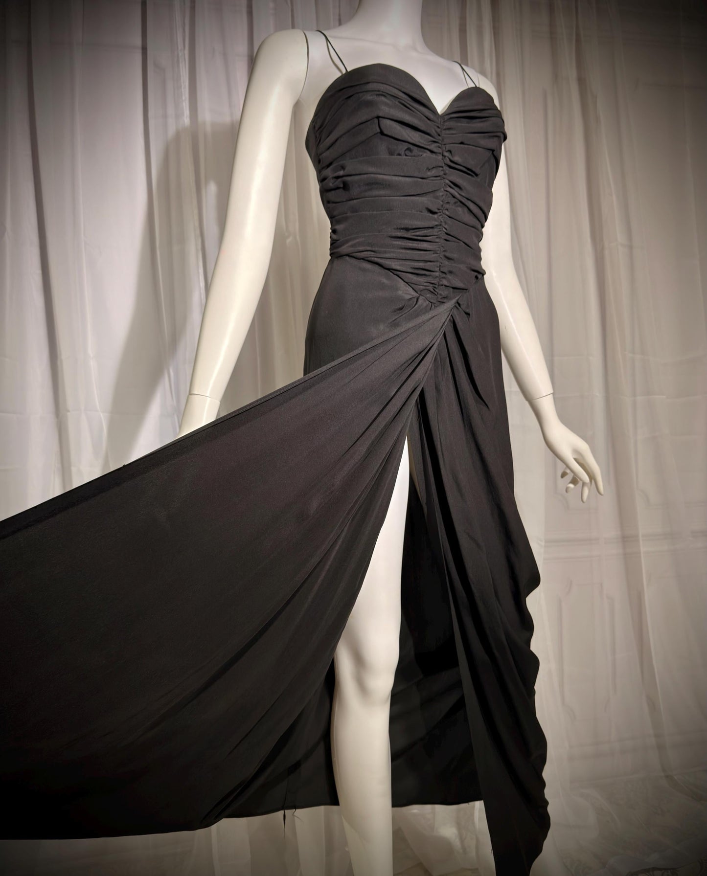 ALBERT CAPRARO vintage 1970s evening dress gown, Black Silk Ruched Gown