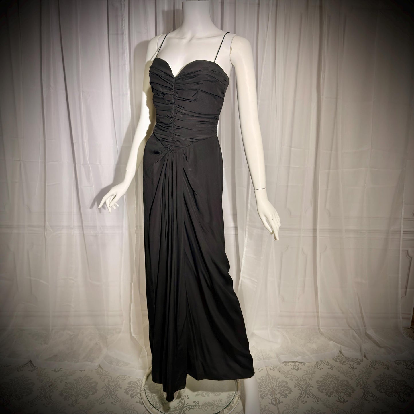 ALBERT CAPRARO vintage 1970s evening dress gown, Black Silk Ruched Gown