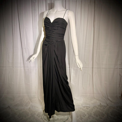 ALBERT CAPRARO vintage 1970s evening dress gown, Black Silk Ruched Gown