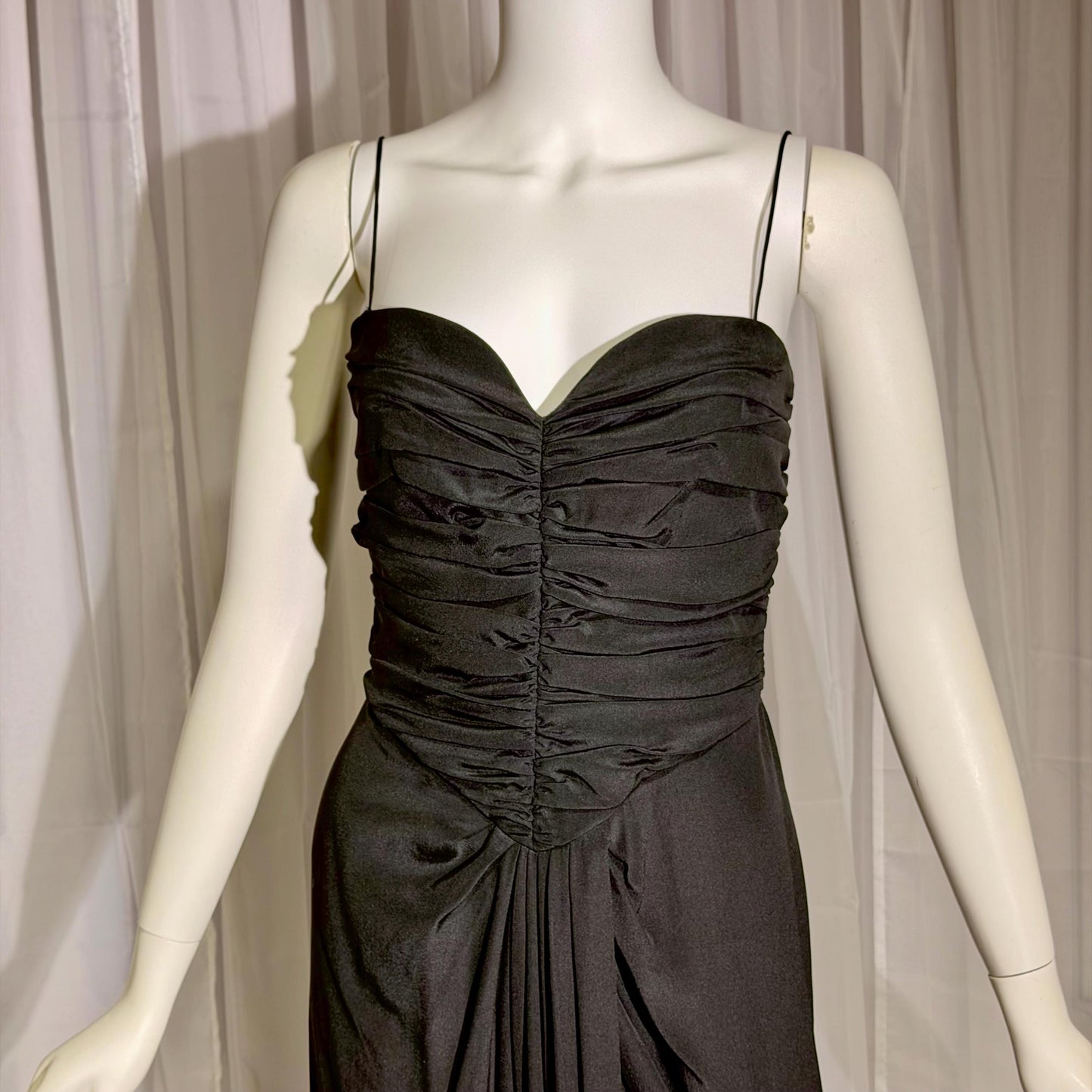 ALBERT CAPRARO vintage 1970s evening dress gown, Black Silk Ruched Gown