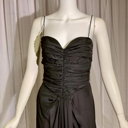 ALBERT CAPRARO vintage 1970s evening dress gown, Black Silk Ruched Gown