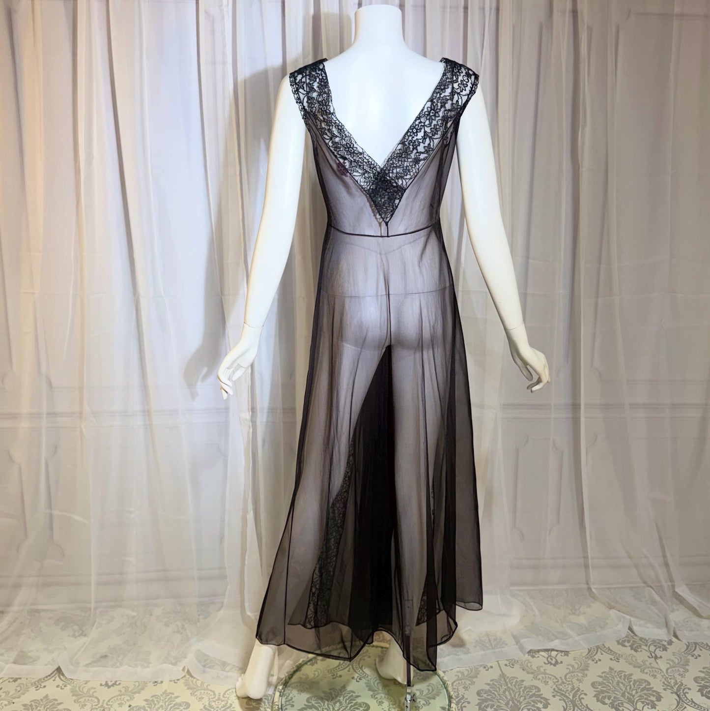 BLANCHE vintage nightgown slip dress, 1950s Black Sheer Nylon lingerie dress