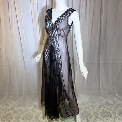 BLANCHE vintage nightgown slip dress, 1950s Black Sheer Nylon lingerie dress