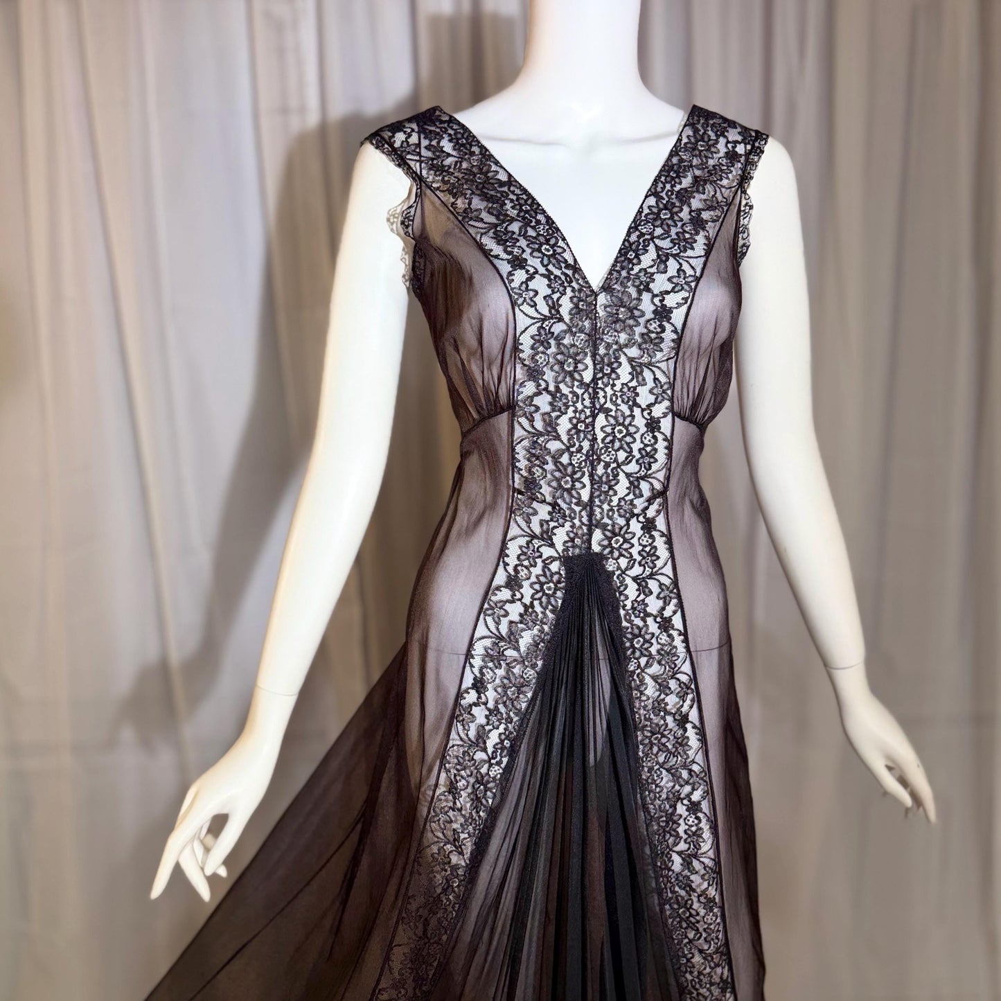 BLANCHE vintage nightgown slip dress, 1950s Black Sheer Nylon lingerie dress